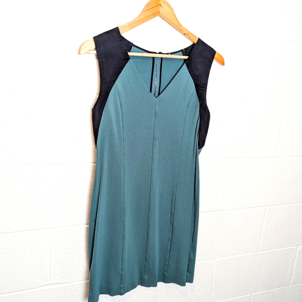 DKNY Sleeveless Green Black Shift Dress Midi Faux Suede Stretchy Summer Teal